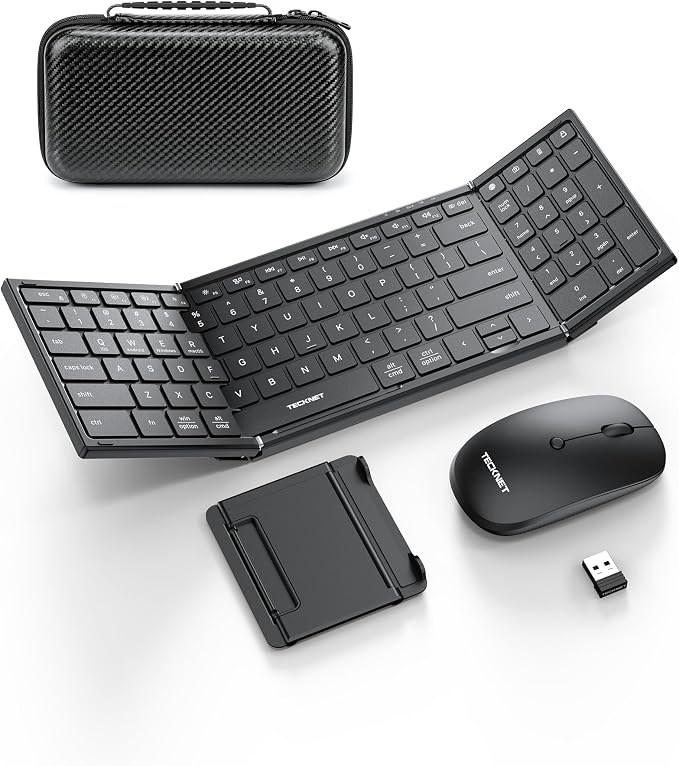 TECKNET Foldable Bluetooth Keyboard and Mouse Combo, Wireless Keyboard Mouse, Rechargeable 2.4G & Dual Bluetooth Travel Keyboard Mouse Set for Business Travel, Compatible with Windows/Mac/iOS/Android