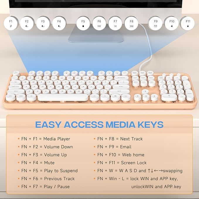 KNOWSQT Wired Computer Keyboard - Orange-White Retro Full-Size Round Keycaps Typewriter Cute Keyboards for Windows, Laptop, PC, Desktop, Computer