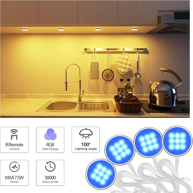 MYPLUS Under Cabinet Lighting Kit, RGB Puck Lights with Remote Control Color Changing and Bright LEDs,12V, 7.5W Plug-in Wired led Lighting kit for Cabinet, Counter, Closet, Shelf, Display Case
