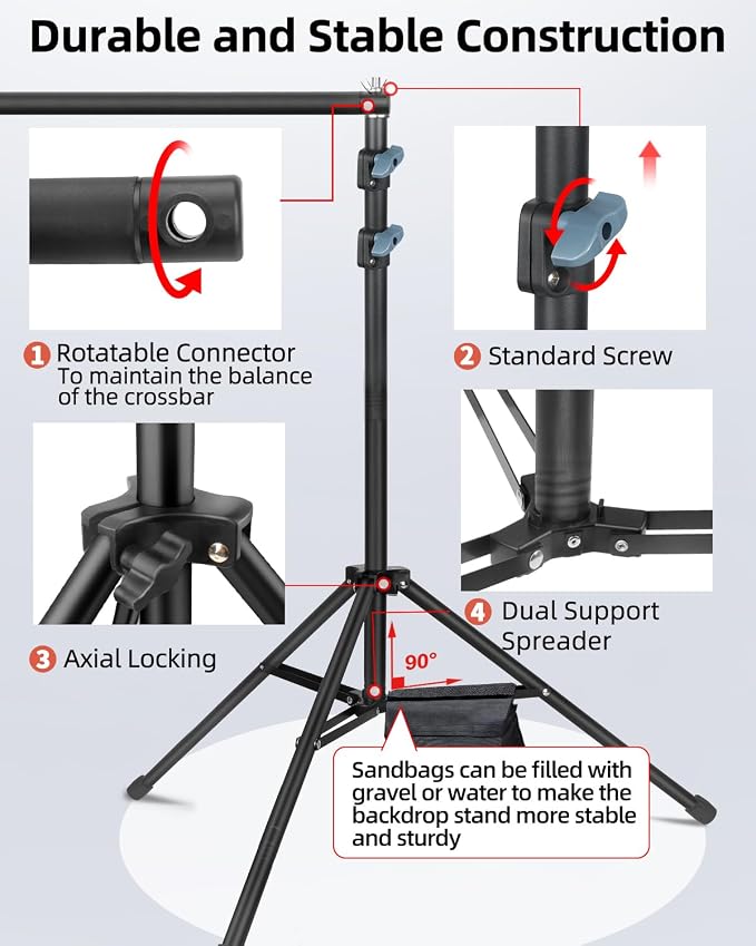 Hemmotop Photo Backdrop Stand 10x8.5ft(WxH), Heavy Duty Background Stand with 2 Sandbags, 2-in-1 T-Shape Photography Backdrop Stands for Party, Photo Booth, Balloon, Projector Screen, Wedding