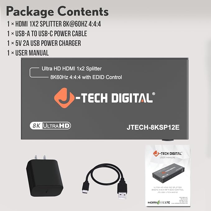 J-Tech Digital 8K HDMI 2.1 Splitter 1 in 2 Out, HDMI 1x2 Splitter 8K@60Hz 4K@120Hz 1080P@240Hz, Duplicate/Mirror Screen 3 EDID Modes with Downscaling [JTECH-8KSP12E]