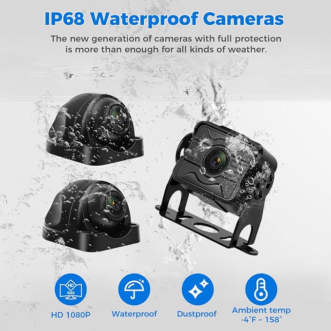 3 Camera Wired Backup Camera System Dash Cam for Truck/RV/Trailer/Bus/Tractor 10.1" Touch Monitor Loop Recording Split Screen 1080P Rear View & 2 Side View Camera Night Vision IP68 Back up Camera