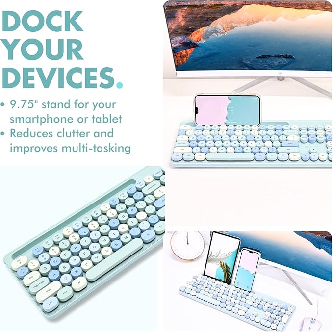 X9 Wired Keyboard and Mouse Combo with Backlight - Retro Typewriter Round Keycaps, Phone/Tablet Dock, 109 Fullsize Keys, Cute Colorful Blue Keyboard, Pastel Keyboard for Laptop, PC and Chromebook