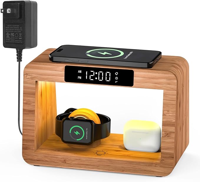 Bamboo Wireless Charging Station, Night Light with Digital Alarm Clock, Nightstand Charging Station for Apple Devices, Fast Wireless Charger for iPhone/Apple Watch/AirPods Pro