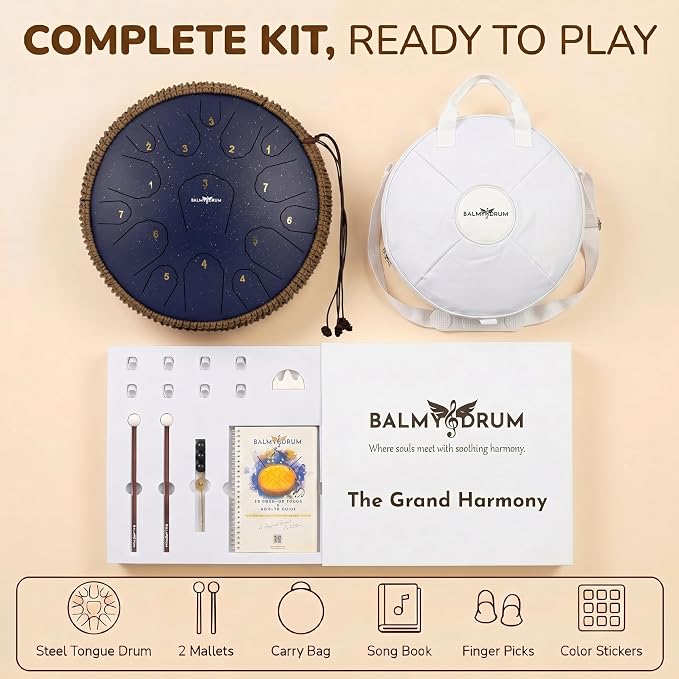 Balmy Drum Steel Tongue Drum 14 inch 15 Notes 440Hz, Handpan Drum with Music Book, Mallets, Carry Bag, Finger Picks, Rain Drum for Outdoor, Meditation Yoga Calming Instruments for Adults Kids (Blue)