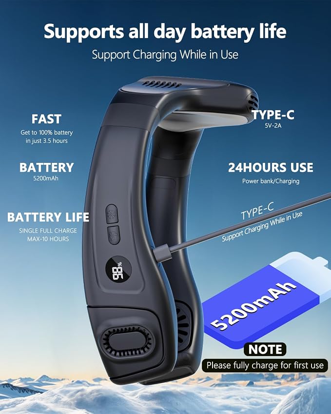 Neck Fan 5200mAh Portable Neck Air Conditioner with Cooling Plate | Features 6 adjustable levels and 360° airflow. Fast cooling rechargeable wearable personal fan for men and women.