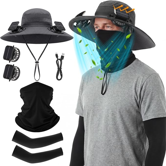 Syhood Solar Powered Fan Hat Neck Gaiter Arm Sleeves Sun Bucket Hat with Fan Cooling Wide Brim Hats for Fishing Hiking