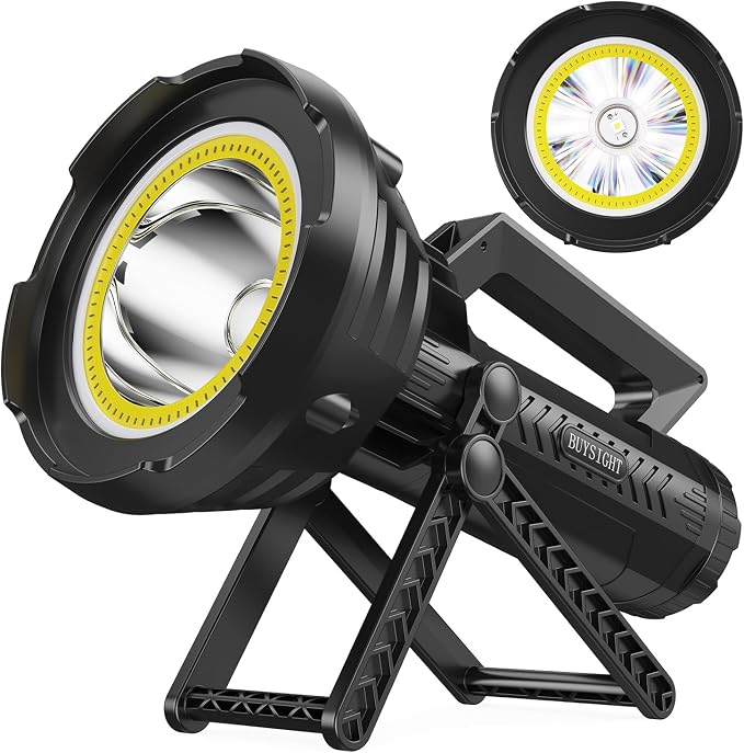 BUYSIGHT 2-in-1 Rechargeable Spotlight & Floodlight, 2000000 Lumens 600Yards Waterproof Handheld Searchlight with COB LED, USB-C Rechargeable Hunting Light with Red Filter (Black Combo)