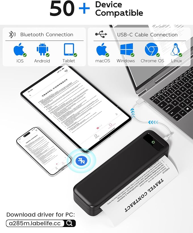 Portable Printers Wireless for Travel, A285M Bluetooth Inkless Thermal Printer Support 8.5" X 11" US Letter, Mobile Printer for Phone Laptop, with Case & 4 Rolls Thermal Paper, for Home Office Receipt