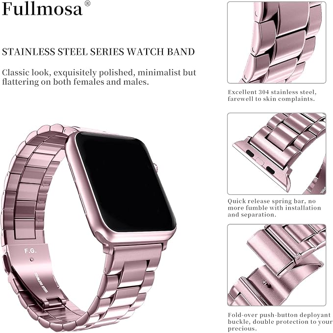 Fullmosa Metal Band Compatible with Apple Watch Bands 45mm 44mm 42mm, iWatch Band with Case for Apple Watch Series 9 8 7 6 5 4 3 2 1 SE3/2/1, Rose Pink