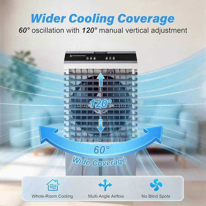 Portable Evaporative Air Cooler, 1800CFM Swamp Cooler with 5.5 Gallon Top Fill Tank, 4 Ice Packs, 120° Oscillation, 3 Speeds, 12 Hour Timer, Remote, for Home Office Bedroom