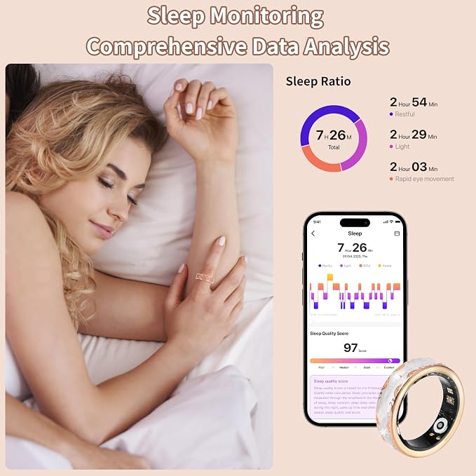 Smart Ring for Women-Men,Tracks Heart Rate, Sleep, SpO2, HRV. 128 Sports Modes, IP68 Waterproof, Gesture Control, No Subscription, iOS & Android Compatible (10)
