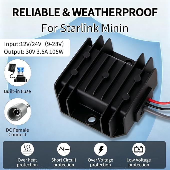 Guhiwk Starlink Mini 12V Adapter, Starlink Mini DC Step Up Converter 9V-28V to 30V 3.5A with Female Power Cord, Starlink-Mini Power Supply for RV, Truck, Marine, Camping&Off-Grid (Black)