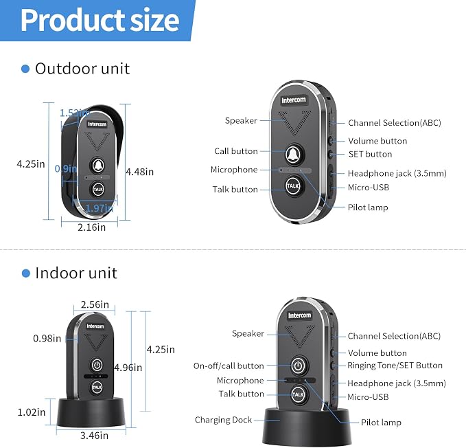 Intercoms Wireless for Home,4900ft Long Range Wireless Doorbell Intercom with 3 Channel, 3 Level Volume,Wireless Intercom Doorbells for Home Business, 1 Outdoor Intercom and 2 Indoor Intercoms