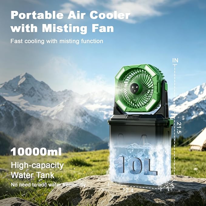 20000mAh Portable Misting Fan with 10L Large Water Bucket, 3-Speed Outdoor Floor Fan with Mist, USB Rechargeable Battery Powered Misting System for Patios, Camping, Beach, Golf and Picnic