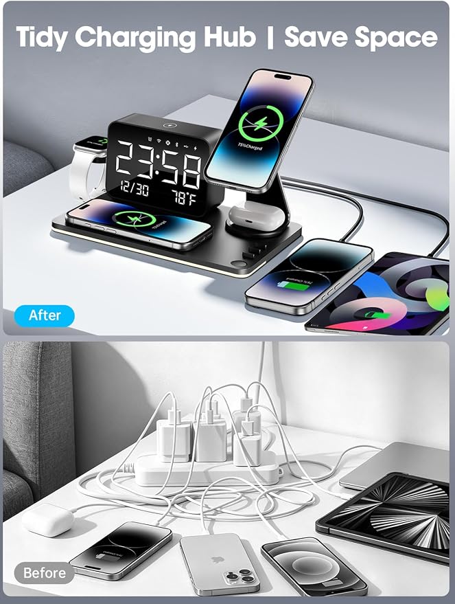 MagCharge 7-in-1 Magnetic Wireless Charging Station with Bluetooth Clock & Dimmable LED Lamp, 25W Fast Charger, 65W Adapter, Bedside Nightstand Charging Hub for iPhone Apple Watch AirPods