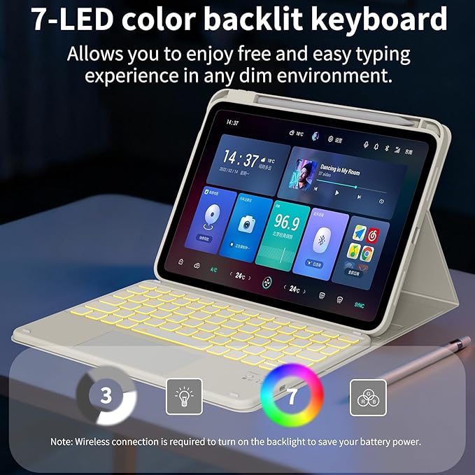 Keyboard for iPad 11th Gen, 11/10.9inch iPad Case with Pencil Holder, Multi-Touch Trackpad 7 Color Backlit,11inch A16/10.9"case with Wireless Keyboard Folio Cover Auto Wake/Sleep, Cream White