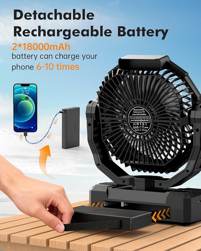 3-in-1 Camping Fan - 36000mAh Detachable Portable Fan Rechargeable with Light & Hook, Battery Powered Fans for Outdoor, Indoor, Tent, Fishing, Travel, Hurricane, Summer Gifts for Men - Black