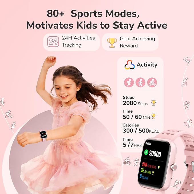 ENOMIR Smart Watch for Kids Gifts, Kids Smartwatches with Fitness Monitor, Alarm Clock Reminder & Activities Track, Lovely Digital Watch with Custom Design & Puzzle Games, Girls Birthday Pink