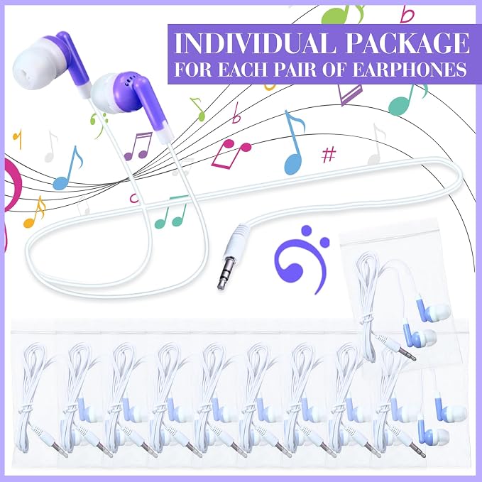 Konohan 100 Pcs Bulk Earbuds with Wire Basic Headphones in Ear for Libraries Laptop, No Microphone 3.5 mm Jack Earbuds Dot Headphones, Individually Bagged (Purple)
