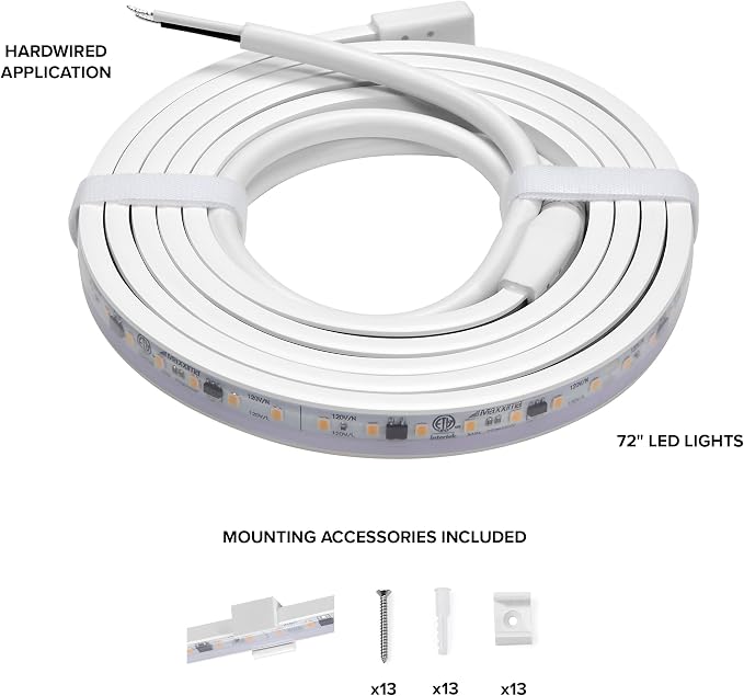 Maxxima 72 in. Hardwired LED Under Cabinet Strip Light, 2760 Lumens, 3000K Warm White, Kitchen and Living Room 120V White Cove Lighting, No Power Supply Needed