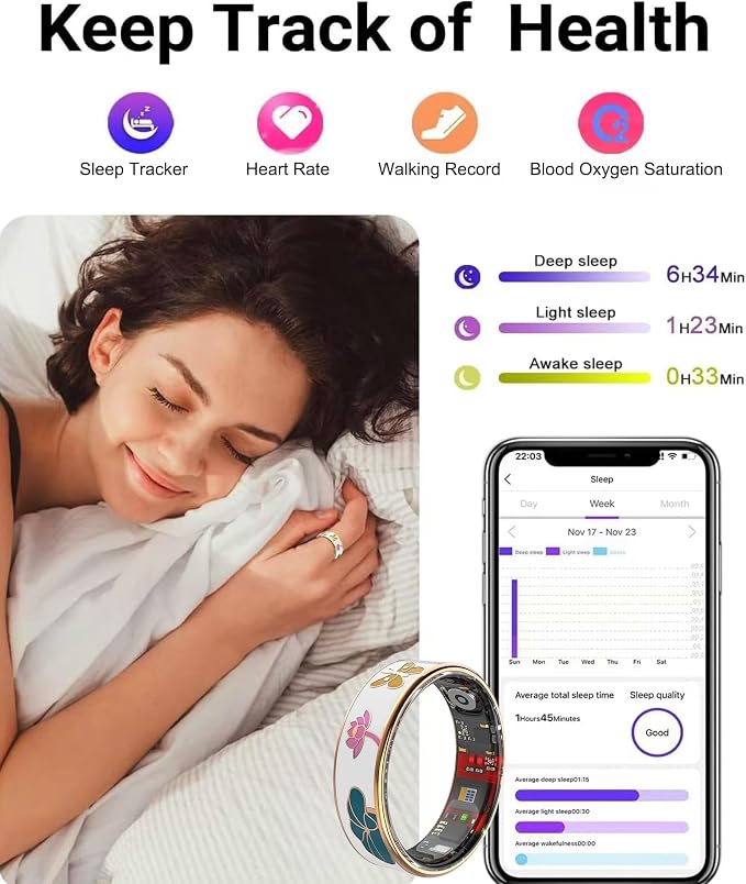 Smart Ring for Women Fitness Tracker with Heart Rate Blood Oxygen Menstrual Cycle Sleep Monitoring Step Counting IP68 Waterproof for iOS and Android No Subscription Fee (7#)