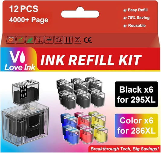 PG-295XL/CL-286XL Ink Refill Kit Compatible with Canon PG-295XL CL-286XL 295 XL 286 XL Ink Cartridges Work with Pixma TS4320 TS6520 TR7120 Printer Cartridges, 12 Pack (6BK/2C/2M/2Y)