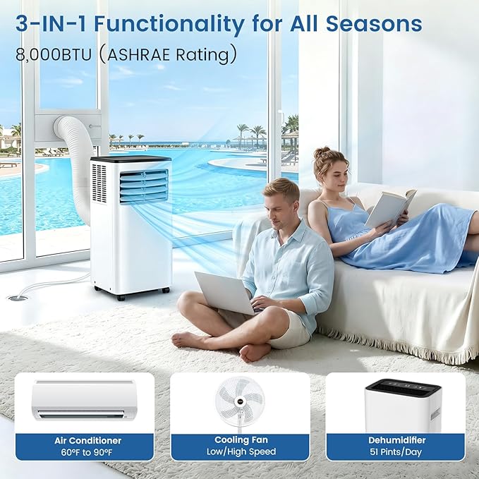 Electactic 8000 BTU Portable AC, 3-in-1 Air Conditioner with Dehumidifier & Cooling Fan, Remote Control, LED Display, Sleep Mode, Quiet, 24H Timer, 360° Casters & Window Kit, for Room Office Apartment