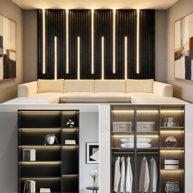 10PCs LED Recessed Lighting Kit,12V 3.3Ft Self-Adhesive Black COB LED Strip Lights with 100W Adapter,4000k Touch Dimmable Cabinet Light for Wood Slat Wall Panels, Headboards, Shelf, Home Decor