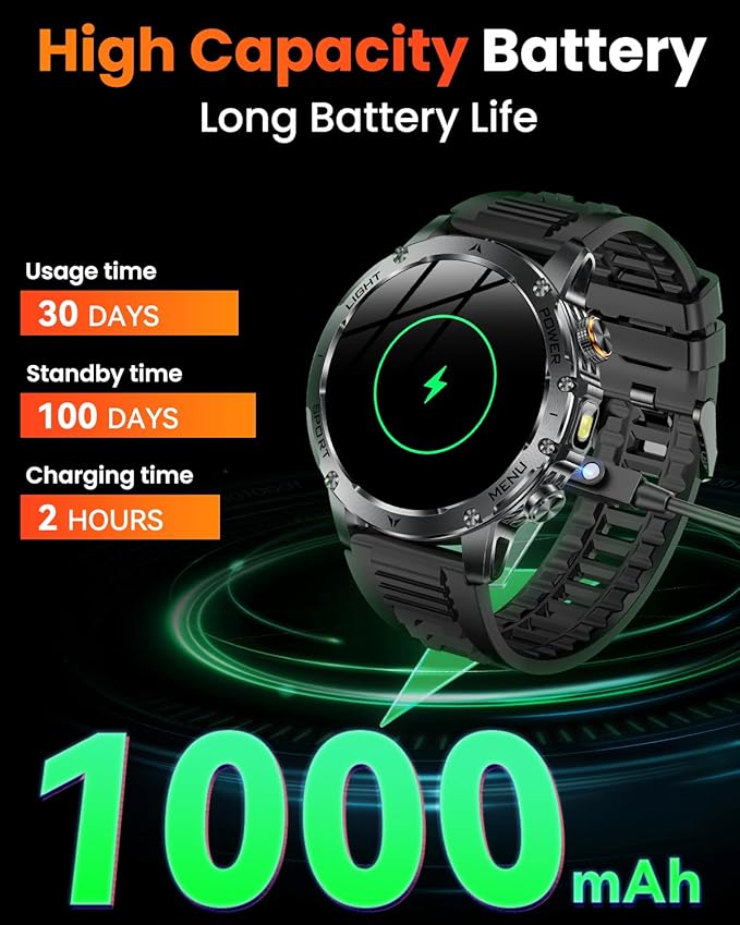 Military Smart Watches for Men (Answer/Make Calls), Smart Watch with 100-Days Extra-Long Battery, IP68 Waterproof, Heart Rate/Sleep Monitor 100+ Sport Modes 1.7″ Fitness Watch for Android/iPhone