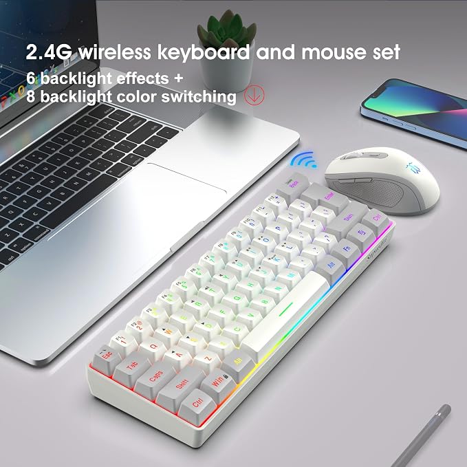 Snpurdiri 2.4G Wireless Gaming Keyboard and Mouse Combo, Include Mini 60% Mechanical Feel RGB Backlit Keyboard, Ergonomic Vertical Feel Small Wireless Mouse(Grey and White)
