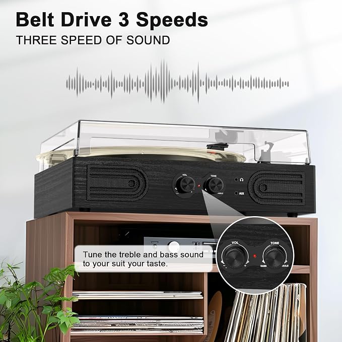 Vinyl Record Player with Built-in Speakers 3-Speed Vintage Record Player Support Treble& Bass Control, 3.5mm Headphone Jack, RCA-Out/Aux in, Belt-Driven LP Turntable,Black Wood