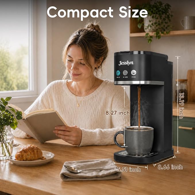 Jesslyn Single Serve Hot and Iced Coffee Maker, Compatible with Multiple Coffee Pods & Ground, Fits Tall Mugs, Over Ice & Strong Brew Function, for Home Office Travel RV Dorm, Classic Black
