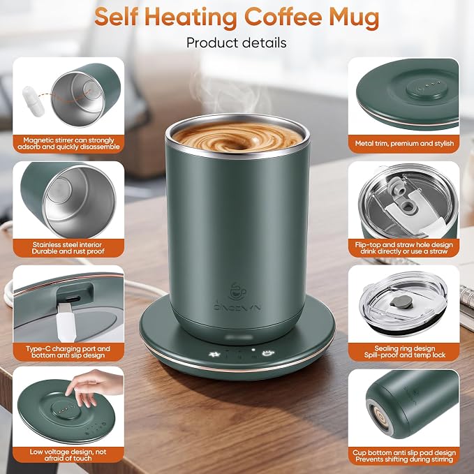 Self Stirring Coffee Mug, Self Heating Coffee Mug, Heated Cup with 3-Level Smart Temperature Control, Auto Shut-Off Electric Coffee Cup Warmer with Detachable Base, Gift for Family Friends (Green)