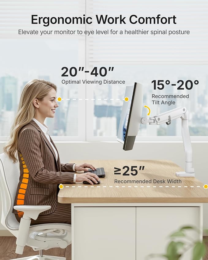 monTEK Single Monitor Arm with USB A/C, Ultrawide Monitor Stand for 17 to 57 Inch Curved Screen, Holds 59.4 lbs, Adjustable Gas Spring Arm, 75/100 VESA Mount, Clamp & Grommet Desk Mount, White