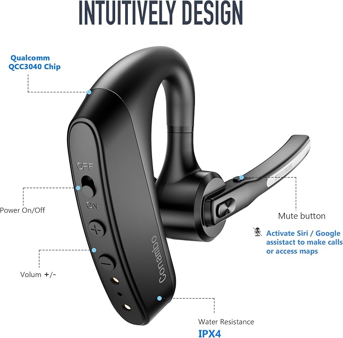 Conambo Bluetooth Headset V5.2 Wireless Bluetooth Earpiece with 750mAH Charging Case 80Hrs Talktime Wireless Headset with CVC8.0 Dual Mic Noise Canceling for iPhone Cellphone Trucker Work