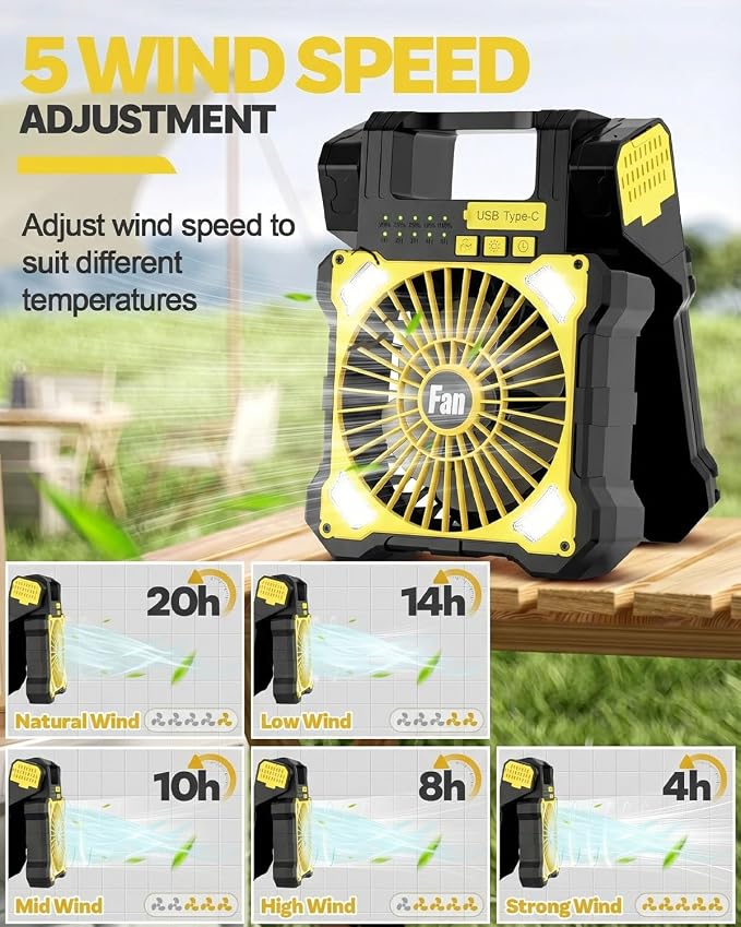 22000mAh Camping Solar Fan, Dual-Panel Rechargeable Solar Powered Fan with LED Light, 5 Adjustable Speeds Battery Powered Portable Fans, USB-C Fans for Travel Tent Home Camping Accessories