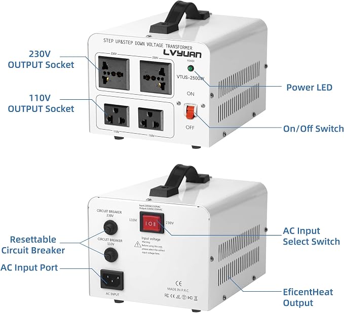 LVYUAN 2500W Voltage Transformer Converter Step Up/Down Converter 110/120 Volt - 220/240 Volt with 2 US&2 Universal Outlet and CE Certified,Circuit Break Protection
