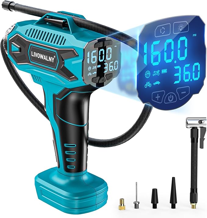LIVOWALNY Tire Inflator Air Compressor Compatible with Makita 18V Battery, 160PSI Cordless Portable Electric Air Pump with Digital Pressure Gauge for Car Motorcycles Bike Sport Ball Auto (Tool Only)