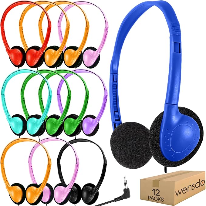 Kids Headphones Bulk 12 Pack for Classroom School Students, Wholesale Multi Color Wired Class Set Headphones for Children Toddler Boys Girls Teen and Adult (HY857, 12 Mixed)