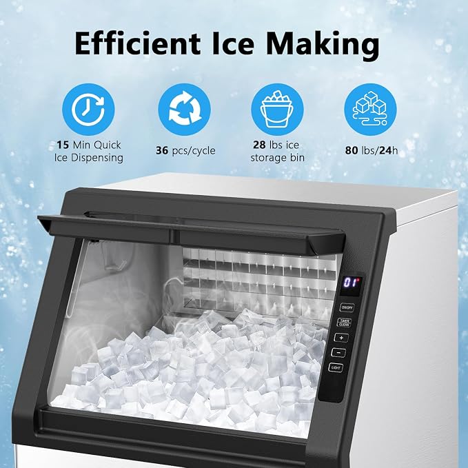 Commercial Ice Machine, 80 lbs/24H, 36 Cubes in 15 Mins, 28lbs Storage Capacity, Under Counter Ice Maker with 24 Hours Timer & LCD Panel, Freestanding Ice Machine for Bar, Cafe, Small Business