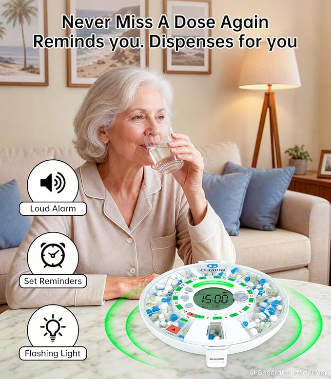 28-Day Automatic Pill Dispenser with Alarm & Light Alerts, Clear LCD Display, Key Lock, Smart Medication Organizer for Seniors, Alzheimer’s Care, for Multiple Vitamins, Supplements or Prescriptions