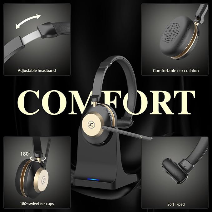 Earbay Wireless Headset with Mic, Trucker Bluetooth Headset with Microphone Noise Canceling, Wireless Headphones with Mic Mute, USB Dongle, Charging Base, 45H Battery, for PC Laptop Phone Teams Zoom