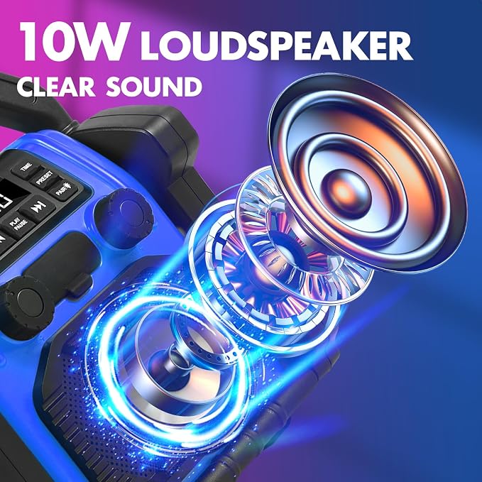 Outdoor Radios Waterproof Bluetooth Speaker, 30W 8000mAh Battery FM Clock Radio,Portable with LED Lights，Anticollision FM Radios for Outdoor/Workshop/Garage (Blue)