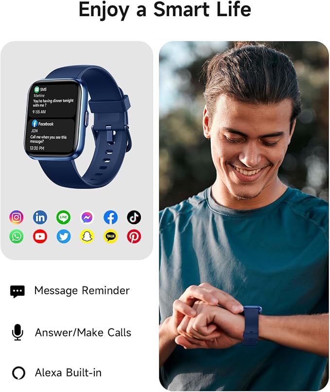 Woneligo Smart Watch for Women, Answer/Make Calls, Alexa Built-in, 1.85" Touch Screen Fitness Tracker for Android & iPhone, Heart Rate/Sleep/SpO2 Monitor Smartwatch, Waterproof (Deep Blue)