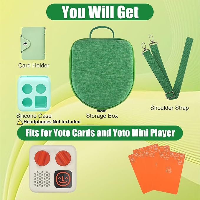 Hard Case Compatible with Yoto Mini (2024 Edition), 3-in-1 Travel Bundle: Silicone Cover + Case with Shoulder Strap (Fits Mini Player & Headphones) + Up to 10 Card Holder for YOTO Cards (Green)