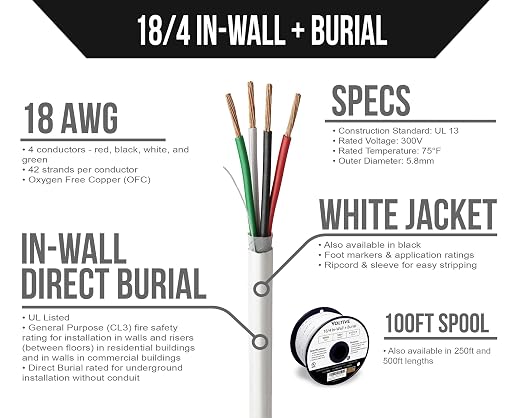 Voltive 18/4 Low Voltage Wire, in-Wall CL3 & Direct Burial, White, 100ft - 18AWG, 4 Conductors, Stranded Bare Copper, UL Listed - V-1213-4