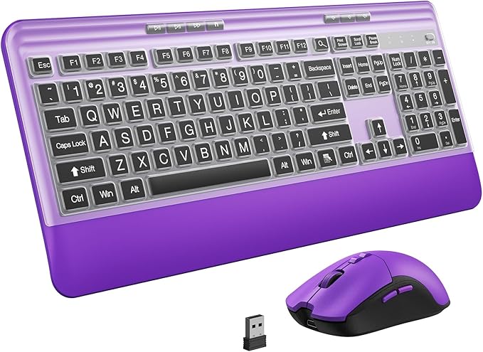 KOPJIPPOM Silent Wireless Keyboard and Mouse Combo - Keyboard with Large Print Cover, 2.4GHz Full-Sized Ergonomic Keyboard with Wrist Rest and Mouse for Laptop, PC, Notebook, Desktop