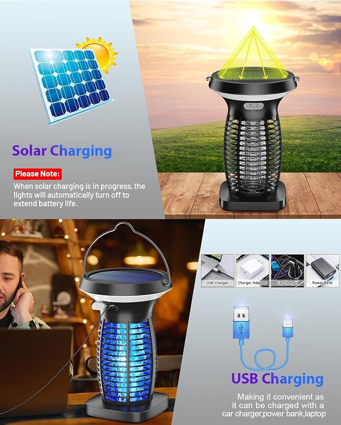 Solar Bug Zapper Outdoor Waterproof, Portable & Rechargeable Bug Zapper with Panel Sensor & LED Night Light Mosquitoes Zapper, Electric Fly Zapper for Home, Patio, Backyard, Camping
