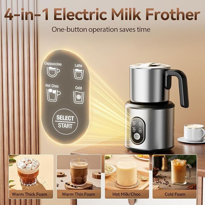Milk Frother and Steamer, Electric Frother | 4-in-1 Automatic Hot and Cold Foam Maker , Detachable Stainless Steel Jug for Latte, Cappuccino, Macchiato, Hot Chocolate